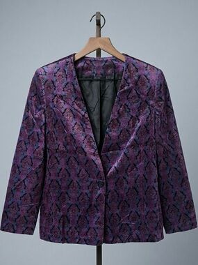 Vintage 90s Brocade Velvet Like Collarless Jacket Purple Black Boho Gothic Glam